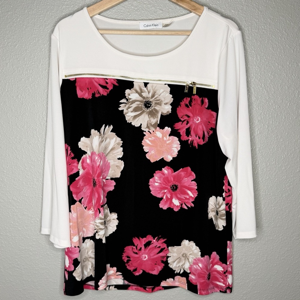 Calvin Klein Black Floral Top White Contrast Panels Gold Zip Stretch Blouse‎ L